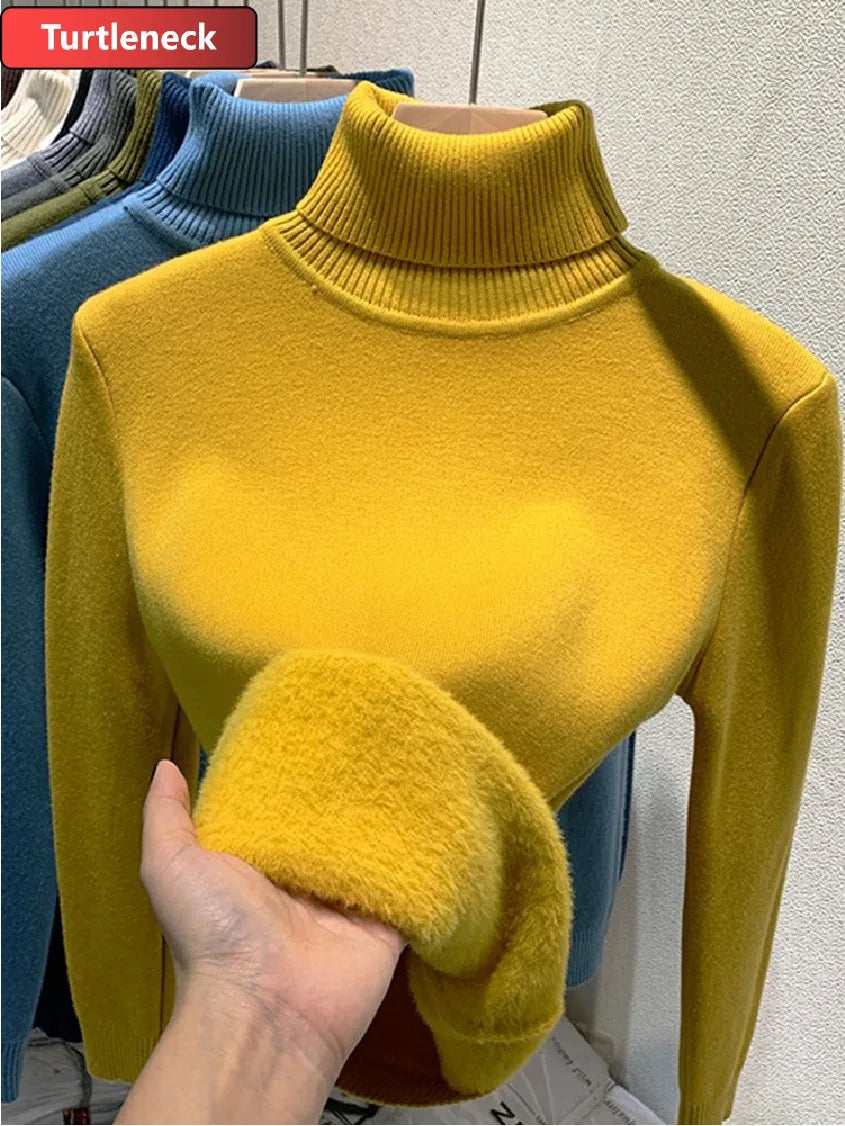 Thicken Velvet Turtleneck Sweater Women Korean Fashion Lined Warm Sueter Knitted Pullover Slim Top Winter Jersey Knitwear Jumper