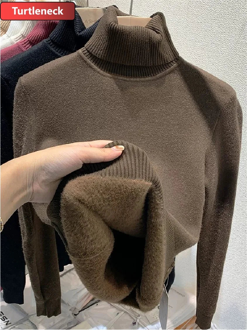 Thicken Velvet Turtleneck Sweater Women Korean Fashion Lined Warm Sueter Knitted Pullover Slim Top Winter Jersey Knitwear Jumper