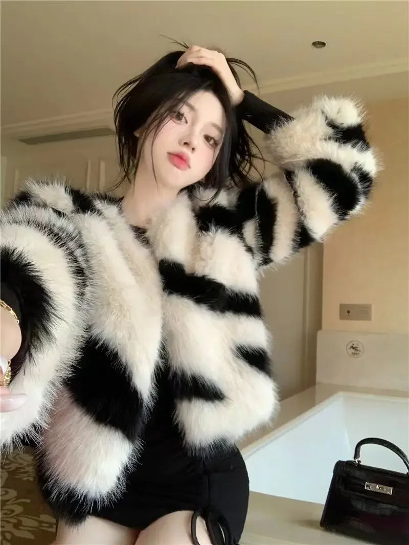 Korean Fashion Faux Mink Fur Coat Women Winter Clothes Socialite Style High end Warm Casual Zebra Short Fur Jackets Women Tops