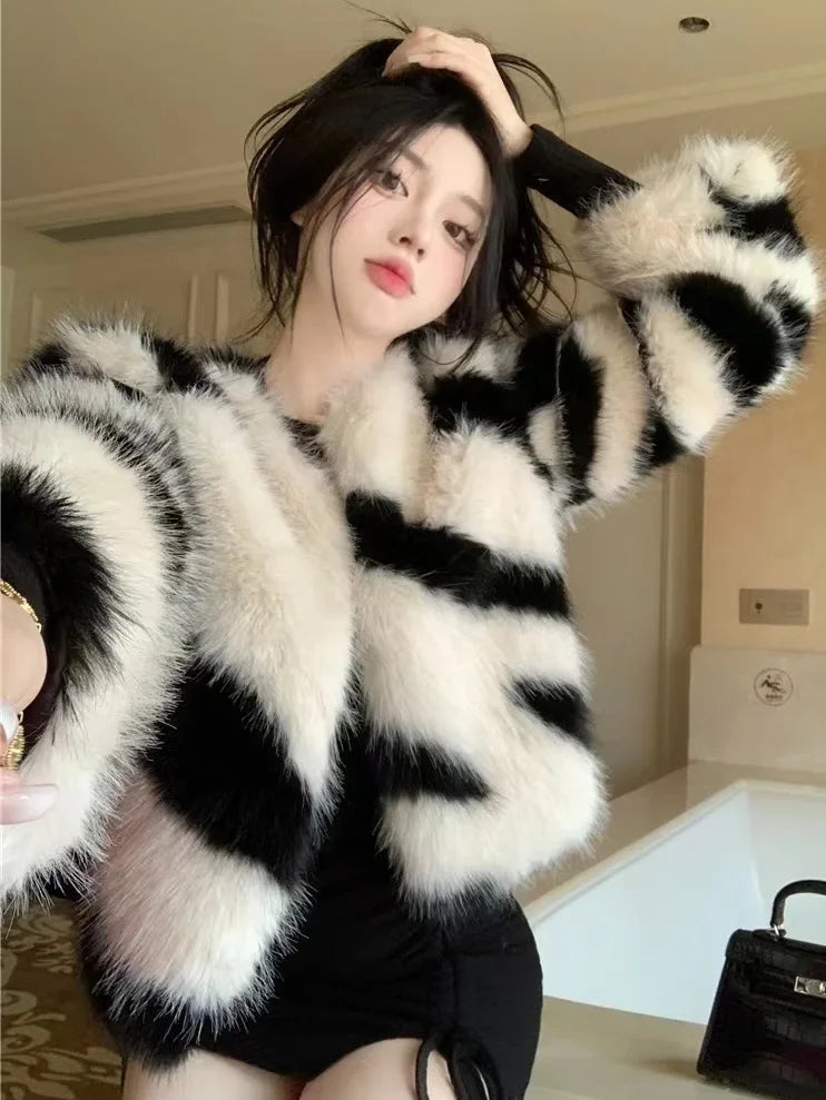 Korean Fashion Faux Mink Fur Coat Women Winter Clothes Socialite Style High end Warm Casual Zebra Short Fur Jackets Women Tops