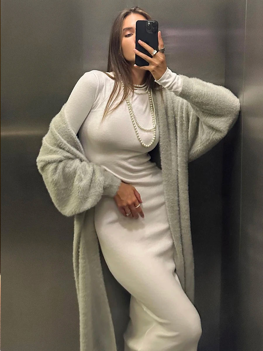 Soft Knitted Set Women Autumn Winter Casual Long Sweater Cardigan with Belt & Vest Midi Dresses Solid Tracksuit