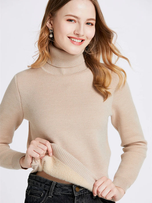 Thicken Velvet Turtleneck Sweater Women Korean Fashion Lined Warm Sueter Knitted Pullover Slim Top Winter Jersey Knitwear Jumper