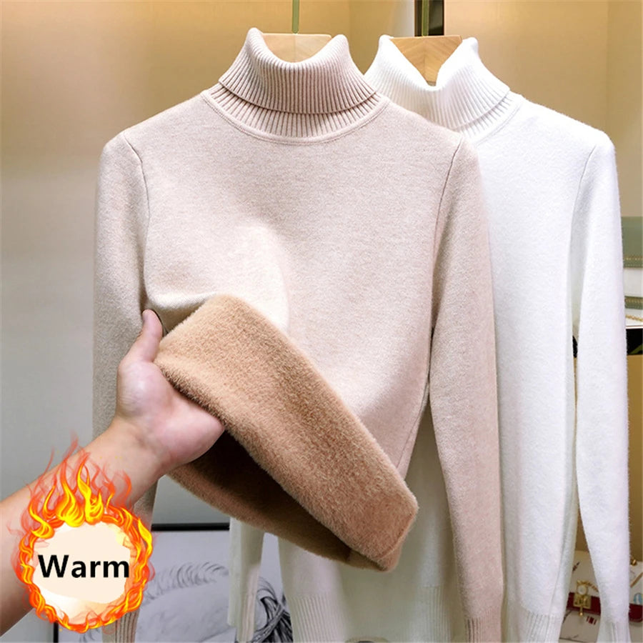 Thicken Velvet Turtleneck Sweater Women Korean Fashion Lined Warm Sueter Knitted Pullover Slim Top Winter Jersey Knitwear Jumper